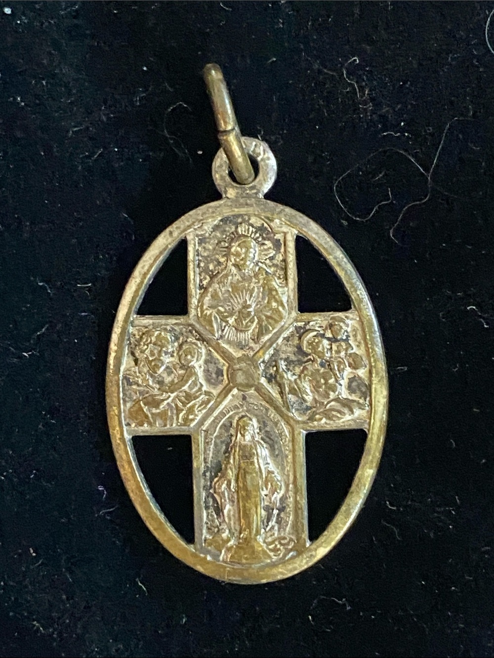 Silver-Tone Catholic Medal Pendant Italy with Virgin Mary and Sacred Heart old